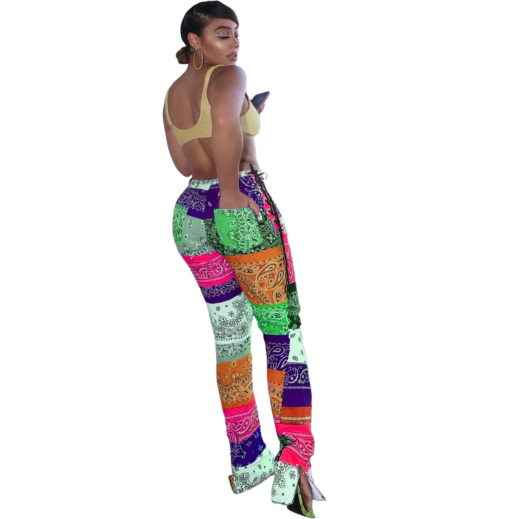 JY39 Women's New Patchwork Slit Printed Clothing Stylish Jogging Pant for Women Casual Pants