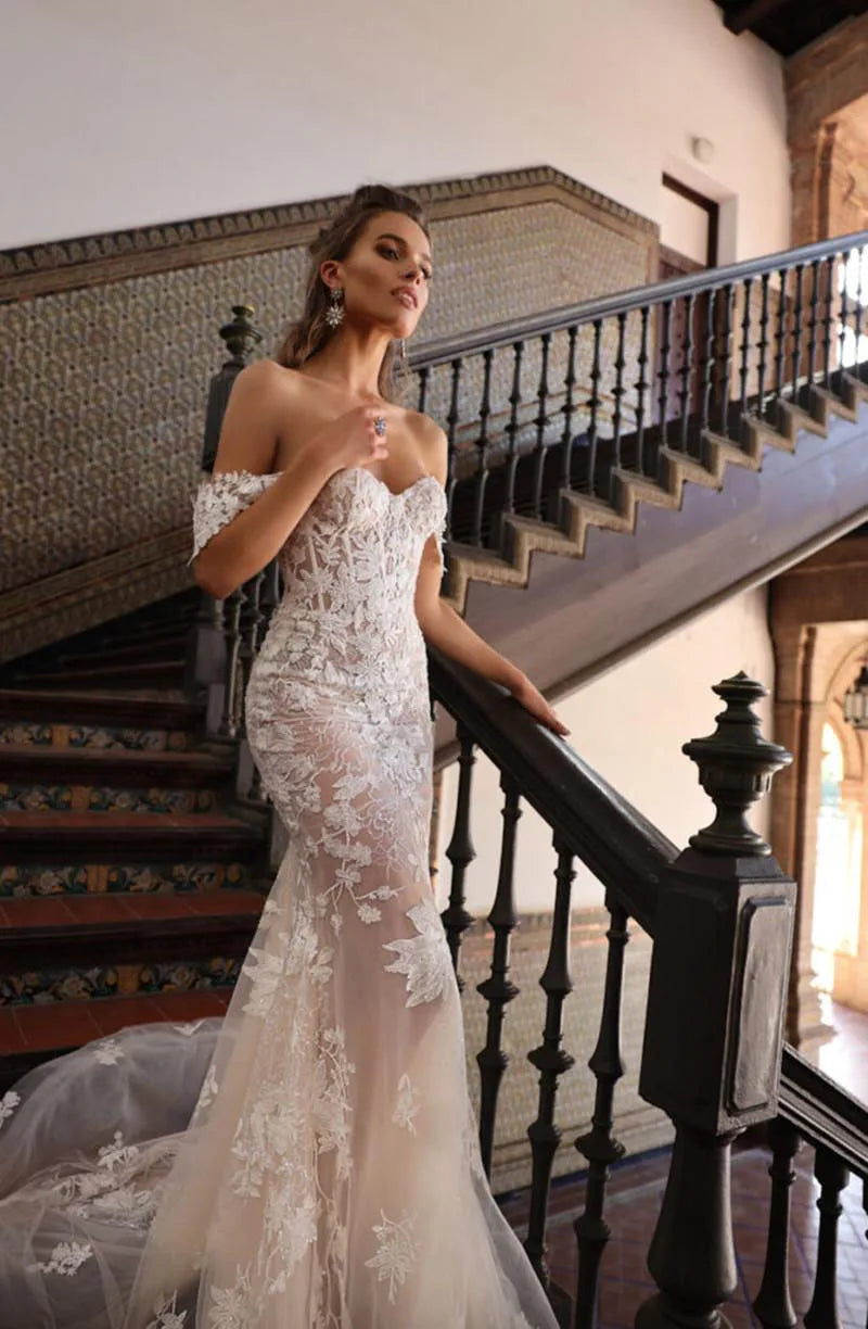 SoDigne Ivory Mermaid Wedding Dresses Off Shoulder Lace Appliques Backless Bridal Dress Luxury Sweep Tail Wedding Gown - My Store