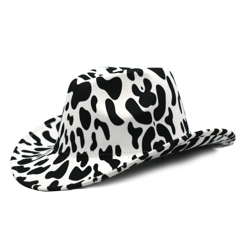 Thickened Fabric Men Fedora Hats Double-Sided Western Cowboy Felt Hat Cow Pattern Cowboy Hats With Rolled Brim