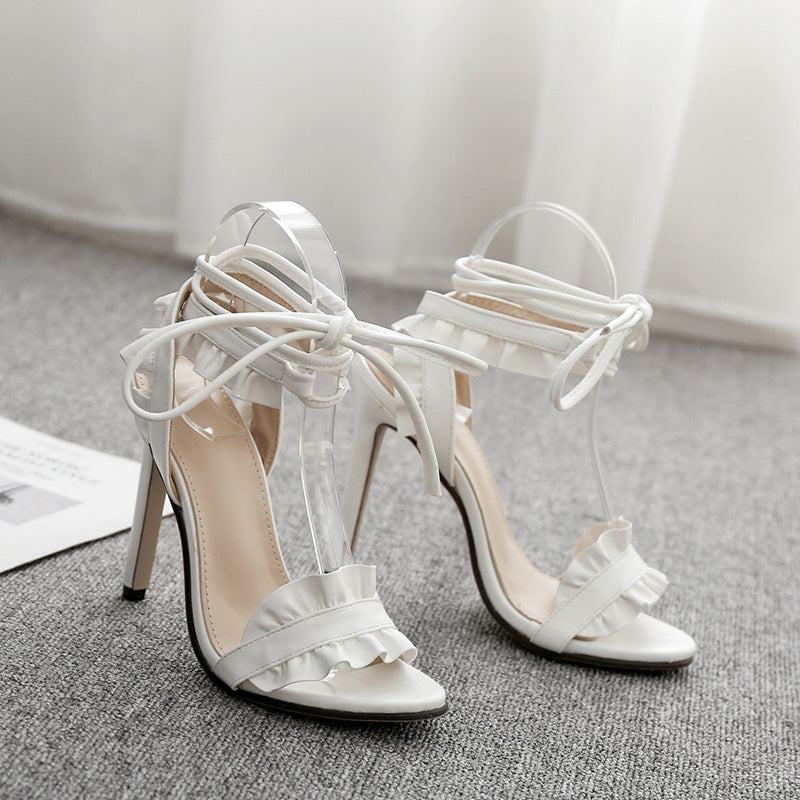 Deleventh Shoes 747 Ladies Fashion Ankle Cross Strap High Heels Pencil Heel White Lace Up Sandals Heels for Ladies Stock Sandals