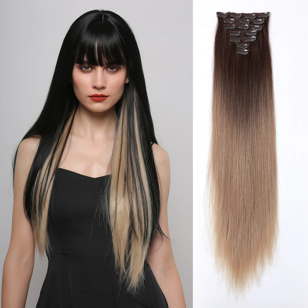 Two-Color Gradient Clip Hair Extension 24" Synthetic Wig Band Clip Clip in Hair Extensions