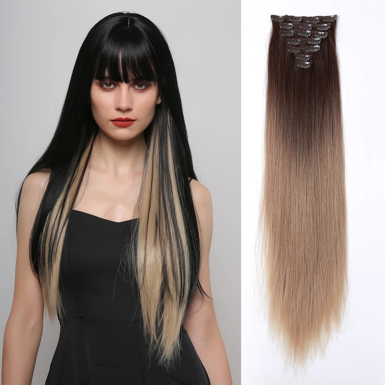 Two-Color Gradient Clip Hair Extension 24" Synthetic Wig Band Clip Clip in Hair Extensions