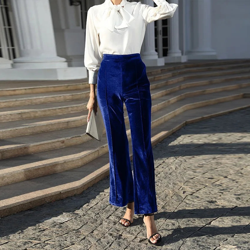 Autumn Lady Clothing Golden Velvet Micro Razor Pants High Waist Casual Pants for Women Flare Pants
