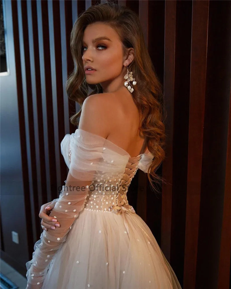 Eightree Champagne Wedding Dresses Sexy Split Side Dots Tulle Long Sleeve Bride Dress 2021 Off Shoulder Wedding Gowns Customized - My Store