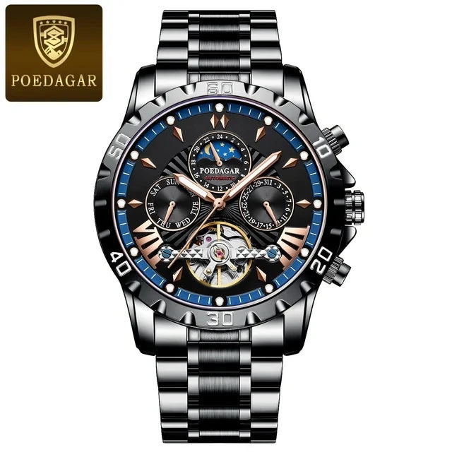 POEDAGAR 1410 Tourbillon Man Watch Waterproof Automatic Mechanical Watches for Men Luminous Multi-Function Men's Wrist Watches