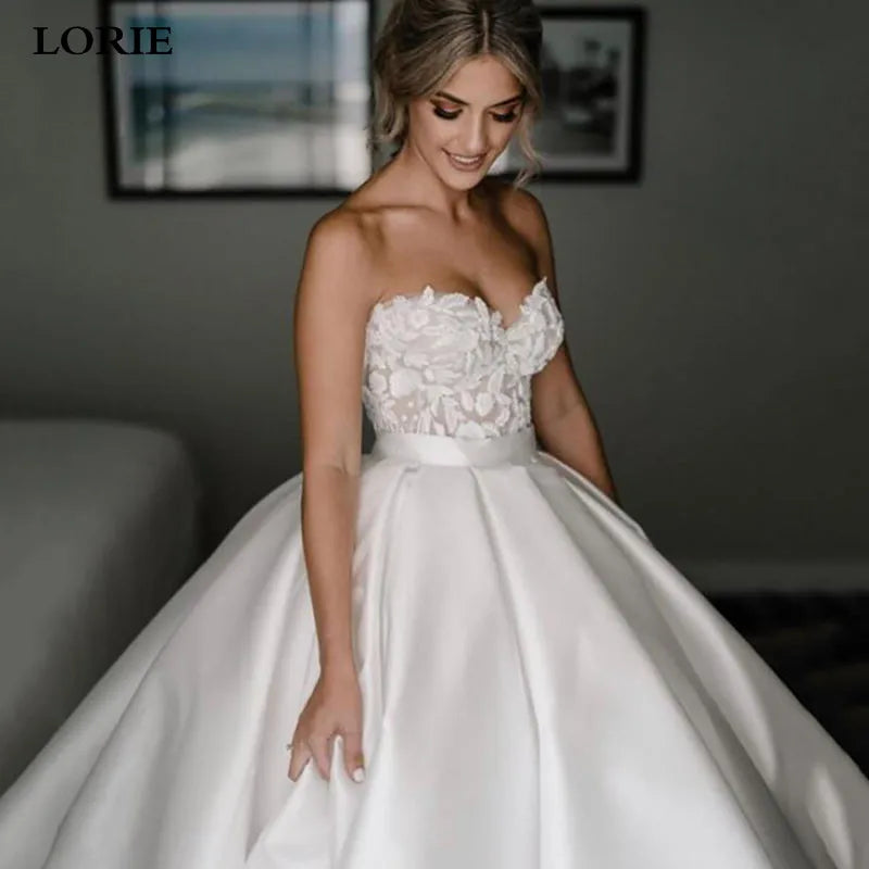 LORIE Princess Wedding Dresses Satin Sweetheart Lace Wedding Bridal Gowns Long Train Ivory Wedding Ball Gown - My Store