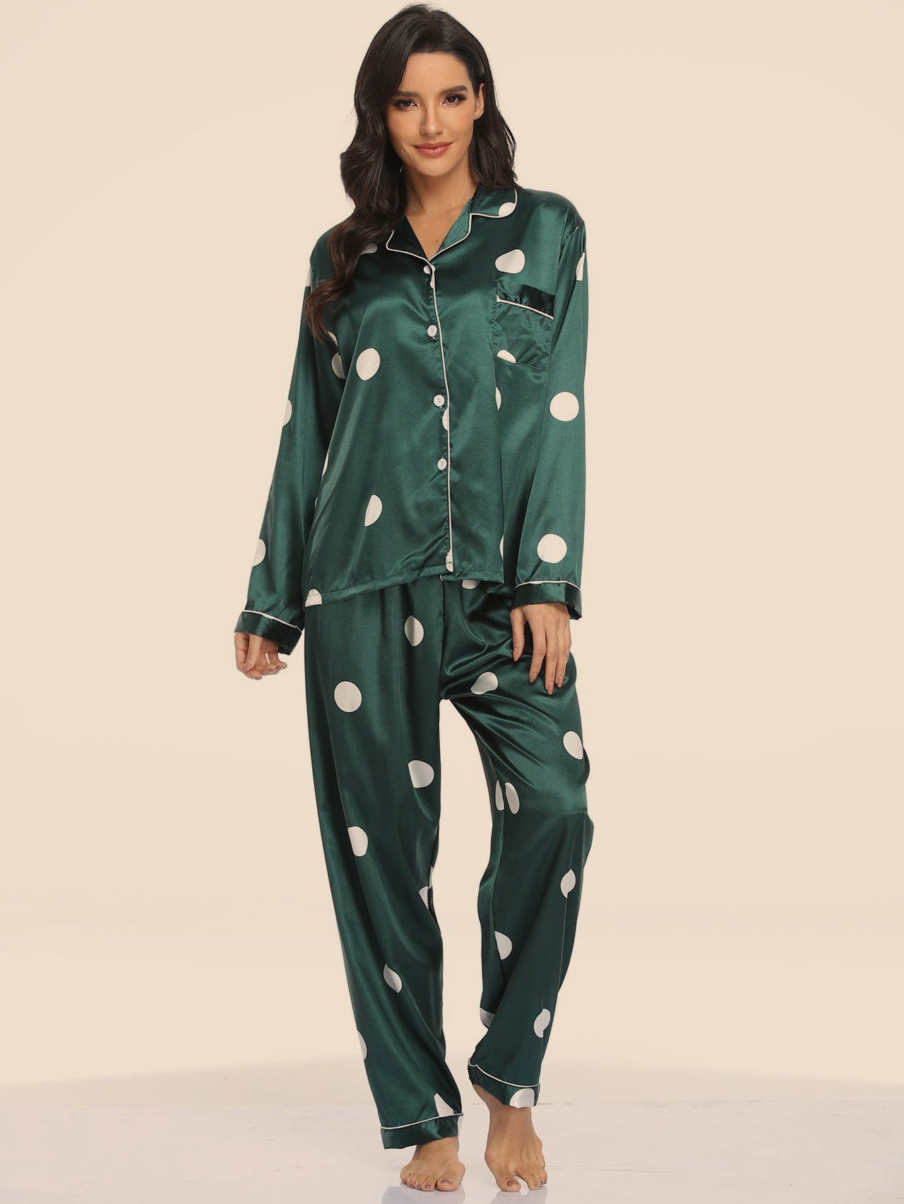 Womens New Arrival Homewear Pajamas Suit Pijamas Sexy Long Sleeve Silk Satin Pajama
