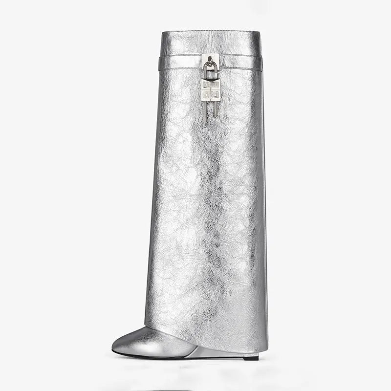 Silver Shark Boots Women Luxury Knee High Boot Designer Shoes Ladies Wedge Fold Boots New Fashion High Heels