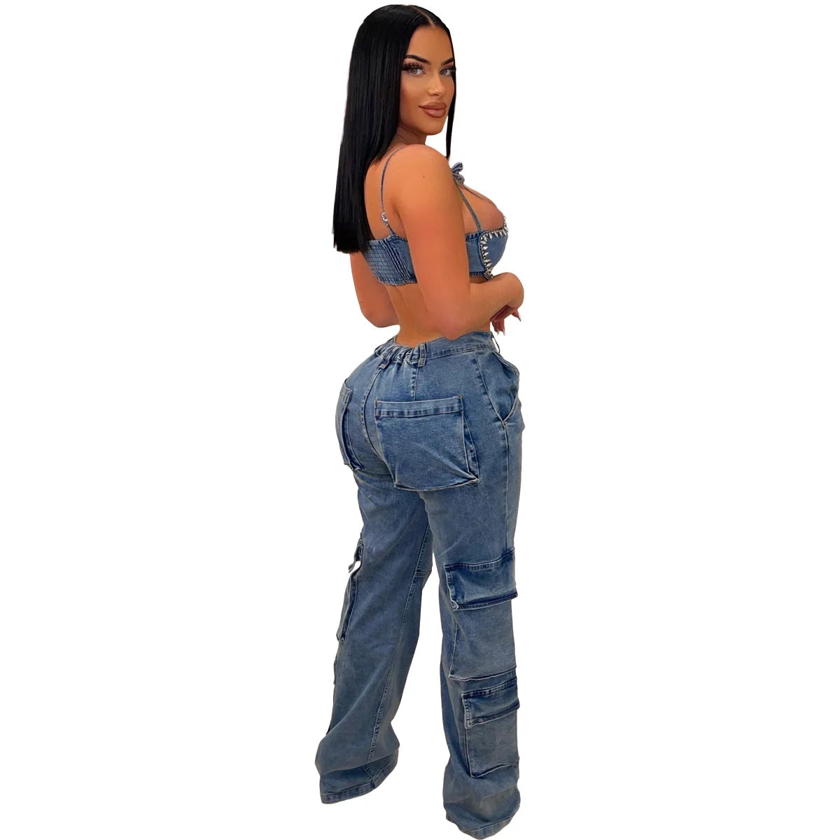 Streetwear Women's Jean Pants Straight Blue Ladies Denim Cargo Trousers Woman 6 3D Pockets Cargo Jeans Wide Leg Jeans for Women