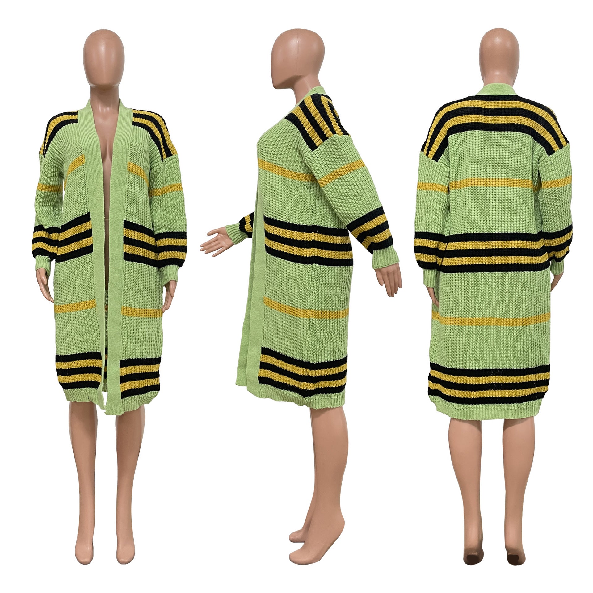 Women Coat Plus Size L-3xl Wear Out Knitted Striped Long Coat   Casual Cardigan Coats for Adult