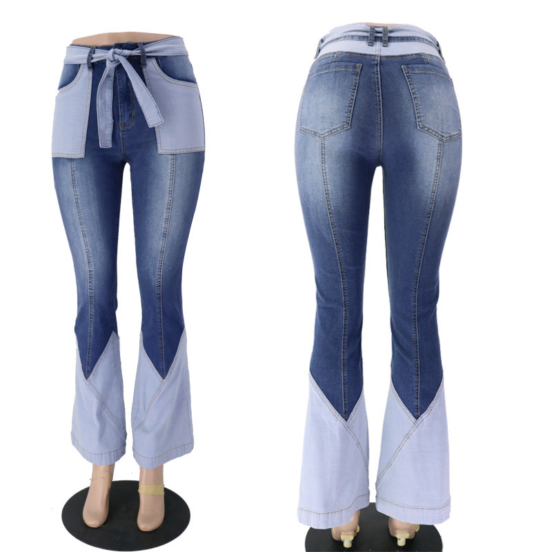 NS043 Vintage High Waist Splicing Ladies Trousers Jeans for Girl Denim Jean Flared Jeans Pants