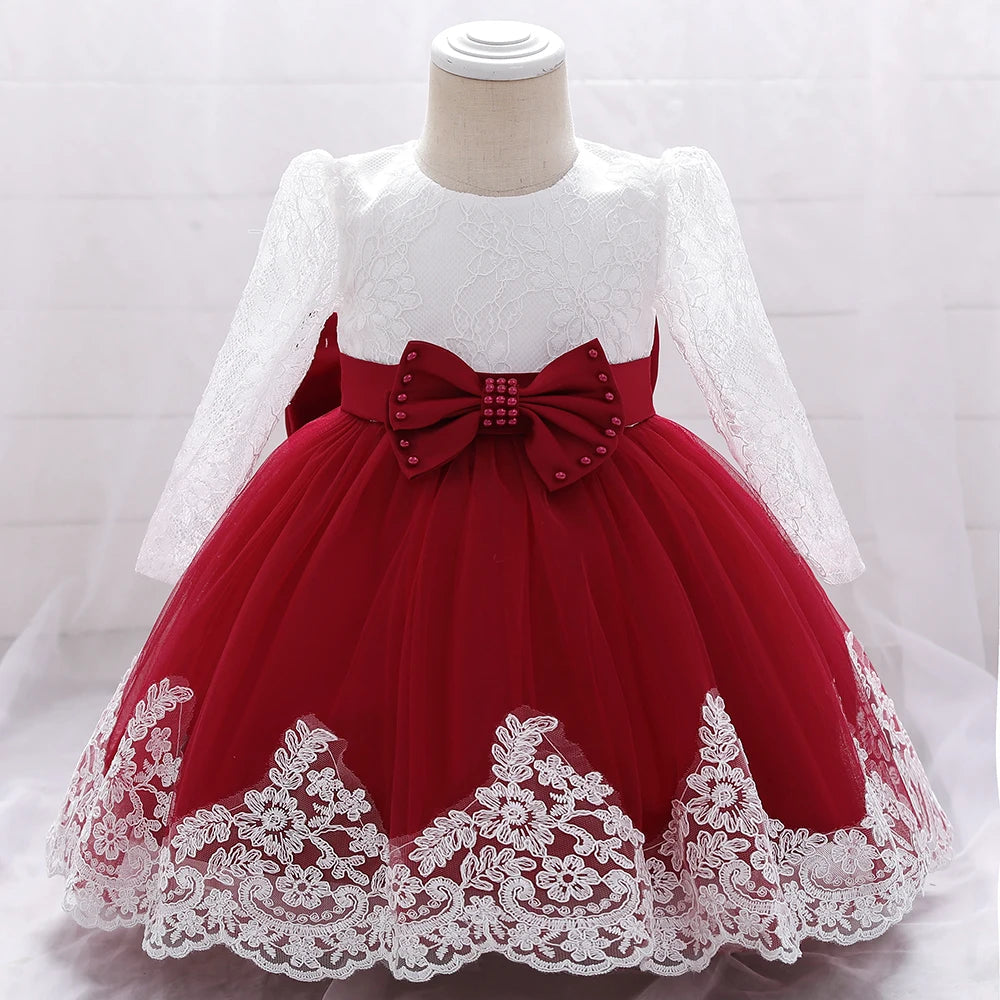 Baby Girl Dresses Party and Wedding Newborn Girl Long Sleeve Lace Dresses With Big Bow Infant Girl 1st Birthday Princess Dress - My Store