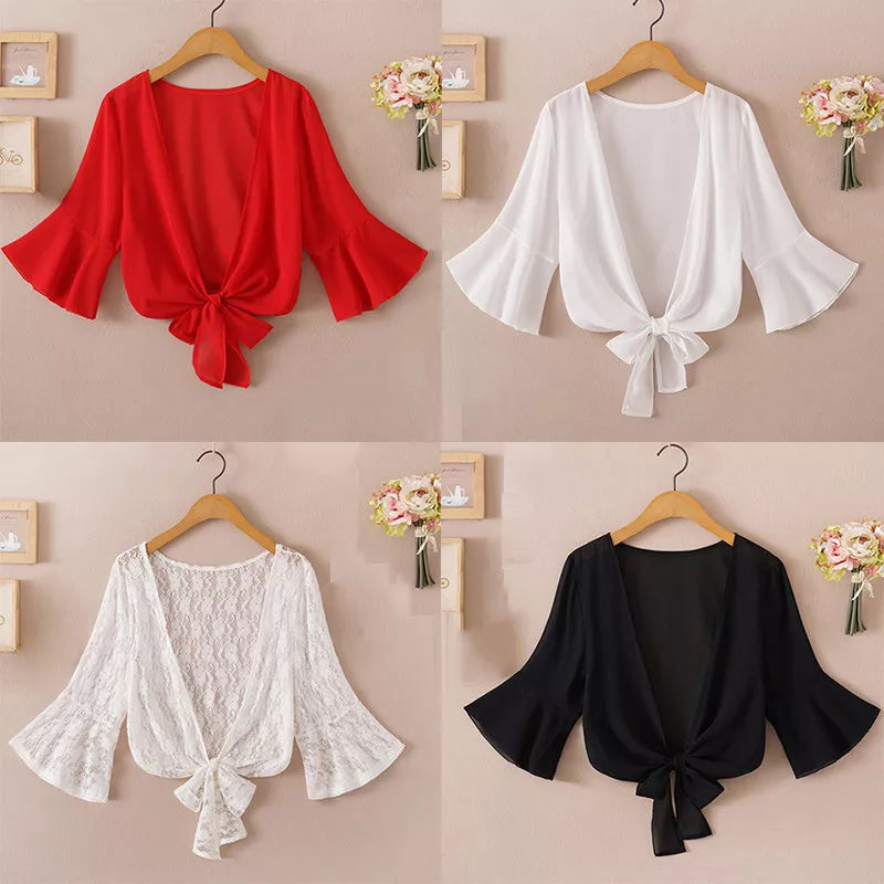 Summer Blouses for Women 2020 Woman v Neck Tie Waist Blouse Shirt Chiffon Black Ruffle Sleeve Top Lace Beach Blouse Cover Up