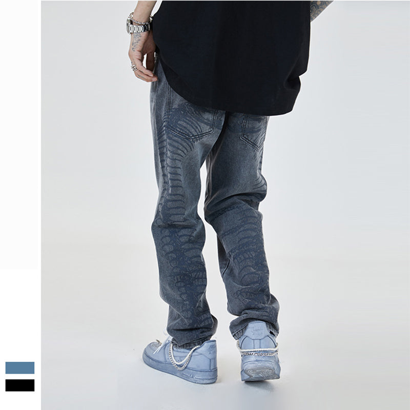 Retro Male High Street Stacked Jeans Retro  Blue Baggy Jeans Popular  Printing Wash  Designer Jean