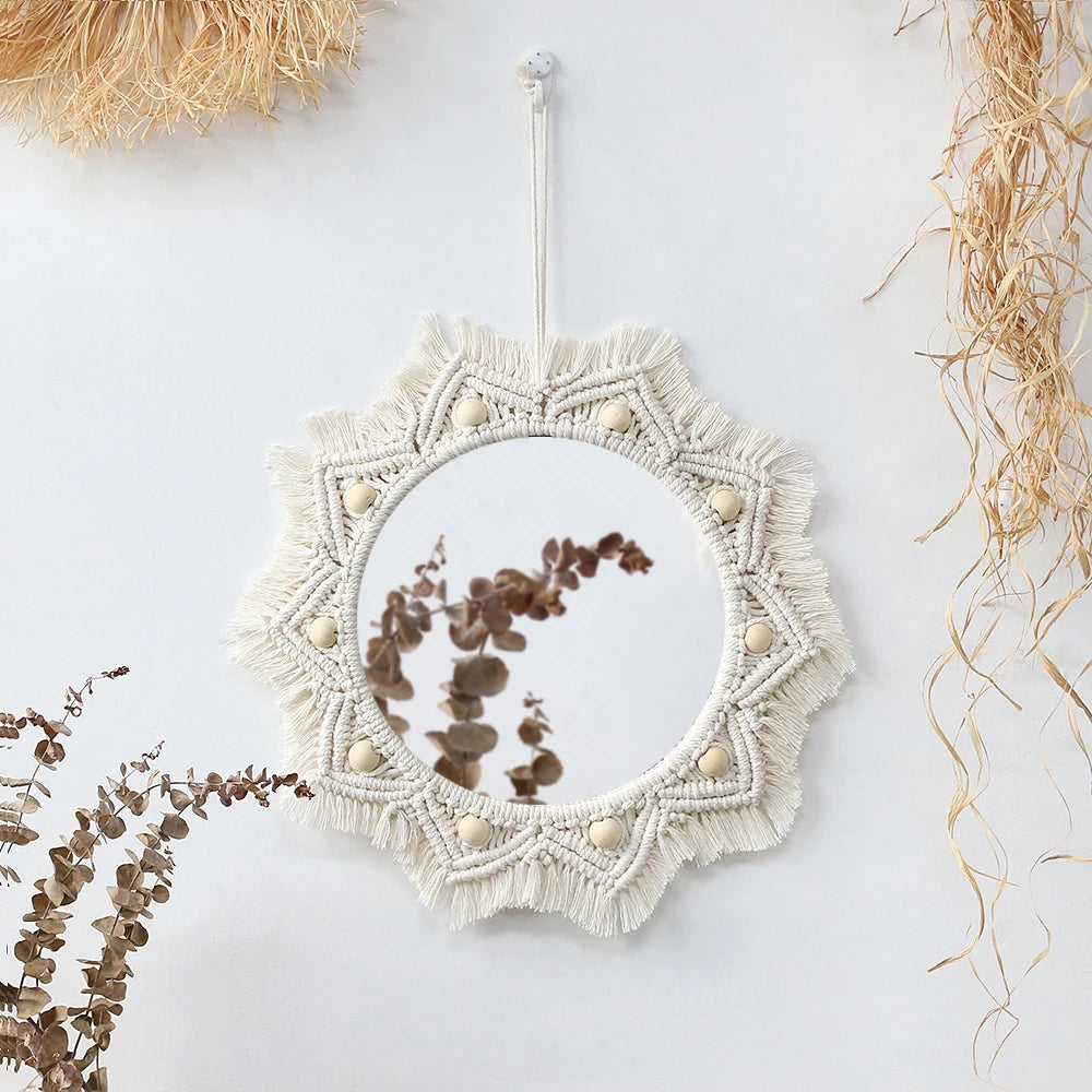 Boho Decorative Mirrors Macrame  Round Mirror Aesthetic Room Decor Hanging Wall Mirror for Bedroom Living Room House Decoration