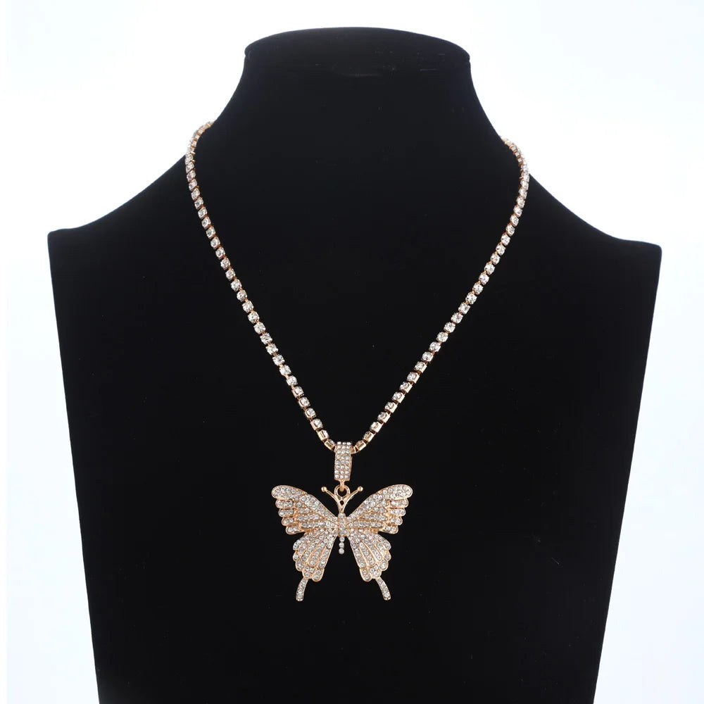 Pink Butterfly Necklace Chain  Jewelry Luxury Female Crystal Neck Pendants Women Rhinestones Jewellery Wholesale