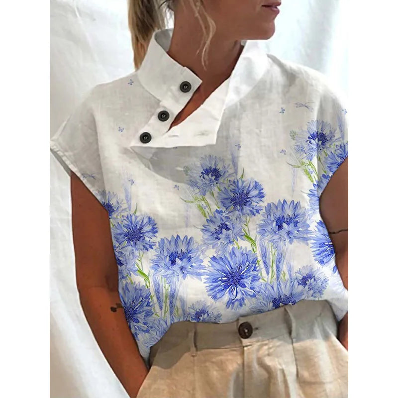 Leisure Summer Women Tops Blouse Vintage Floral Print Short Sleeve White Blouses Casual Buttons Slit Stand Neck Blouse