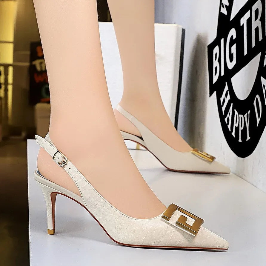 8999-5 High Heels Shoes for Women Shallow Pointed Hollow Back Metal Square Buckle Thin High Heel Sandals Heels for Ladies
