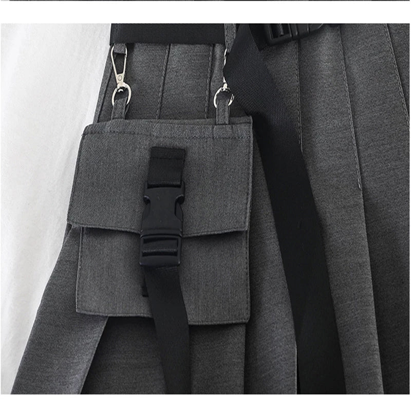 Women Streetwear Tooling Half-Length Pleated Skirt Safari Black Short Skirt Fashion High Waist Harajuku Women Skirts