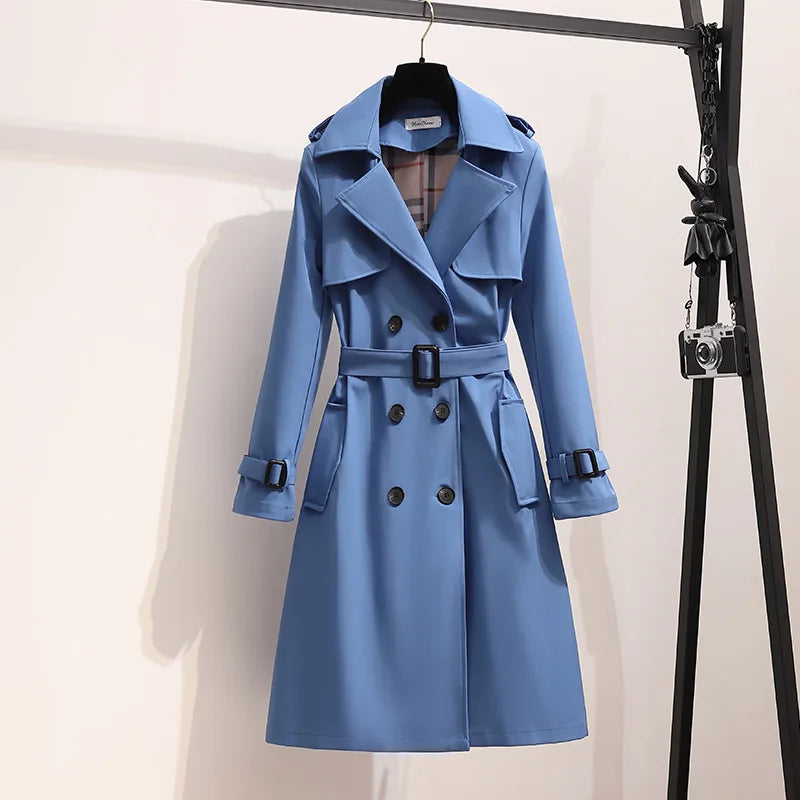 OUDINA Fashion New Sashes Double-Breasted Solid Retro Mid-Length Coat Simple Elegant Trench Coats Casual Women Coat