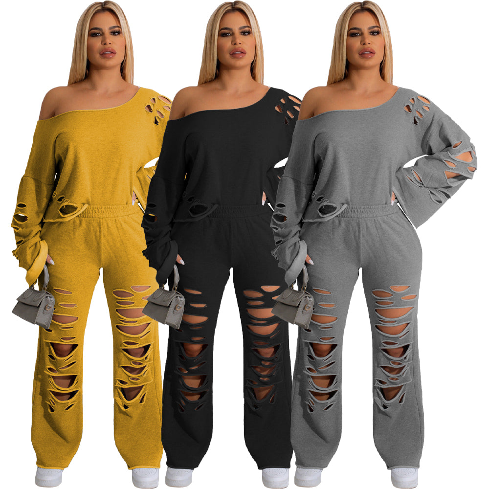 Trendy Women Clothes Women Outfits Elegant Cutout Holed Women's Set Long Sleeve Sweatshirt and Jogger Pants Set Cotton Adults - My Store