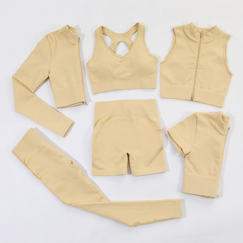 2022 Women Ribbed Zipper Yoga Set 6 Pieces Activewear Jogger Seamless Sportswear Fitness Gym Clothing