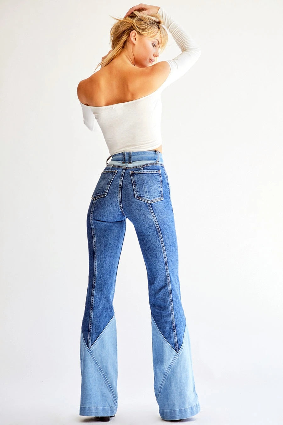 NS043 Vintage High Waist Splicing Ladies Trousers Jeans for Girl Denim Jean Flared Jeans Pants
