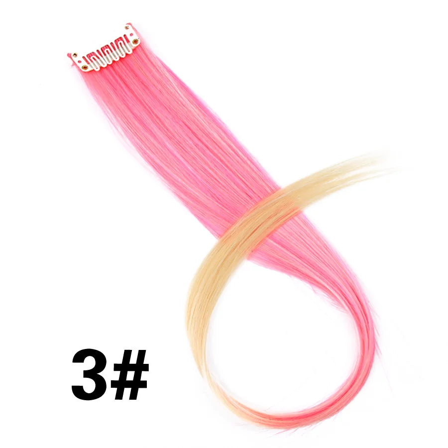 Party Hair Extensions Body Wave Ombre Hairpiece Synthetic Fiber Straight Strands Hair on Hairpins Rainbow Blend in Your Hair