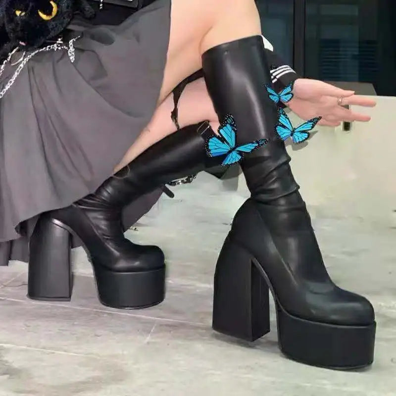 High Heels Chunky Platform Black Big Size 43 Winter Boots Knee High Boot Zipper Matrin Boot Party Shoes