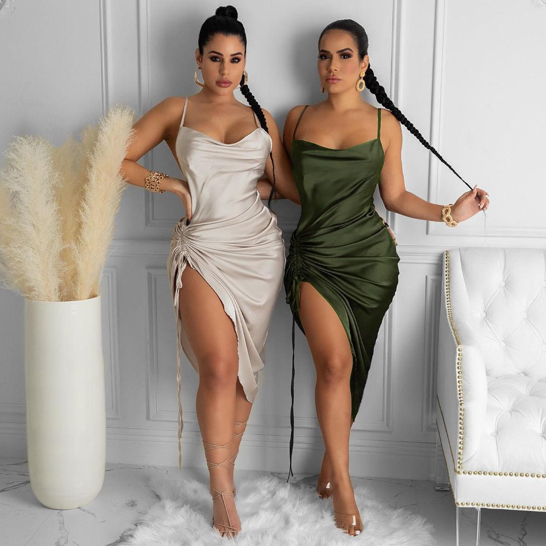 New Arrival Satin Dresses Night Dresses Club Party Sexy Wrinkle Maxi Dress for Woman