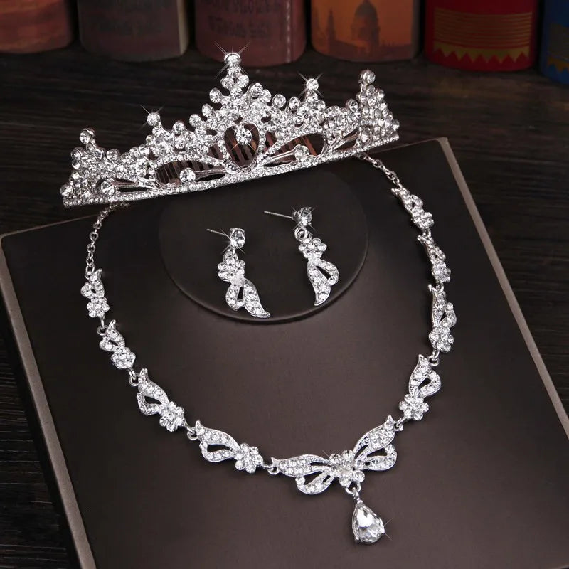 3PCS Rhinestone Crystal Butterfly Bridal Jewelry Sets Necklace Earring Tiara Set Wedding Hair Ornaments African Bead Jewelry Set