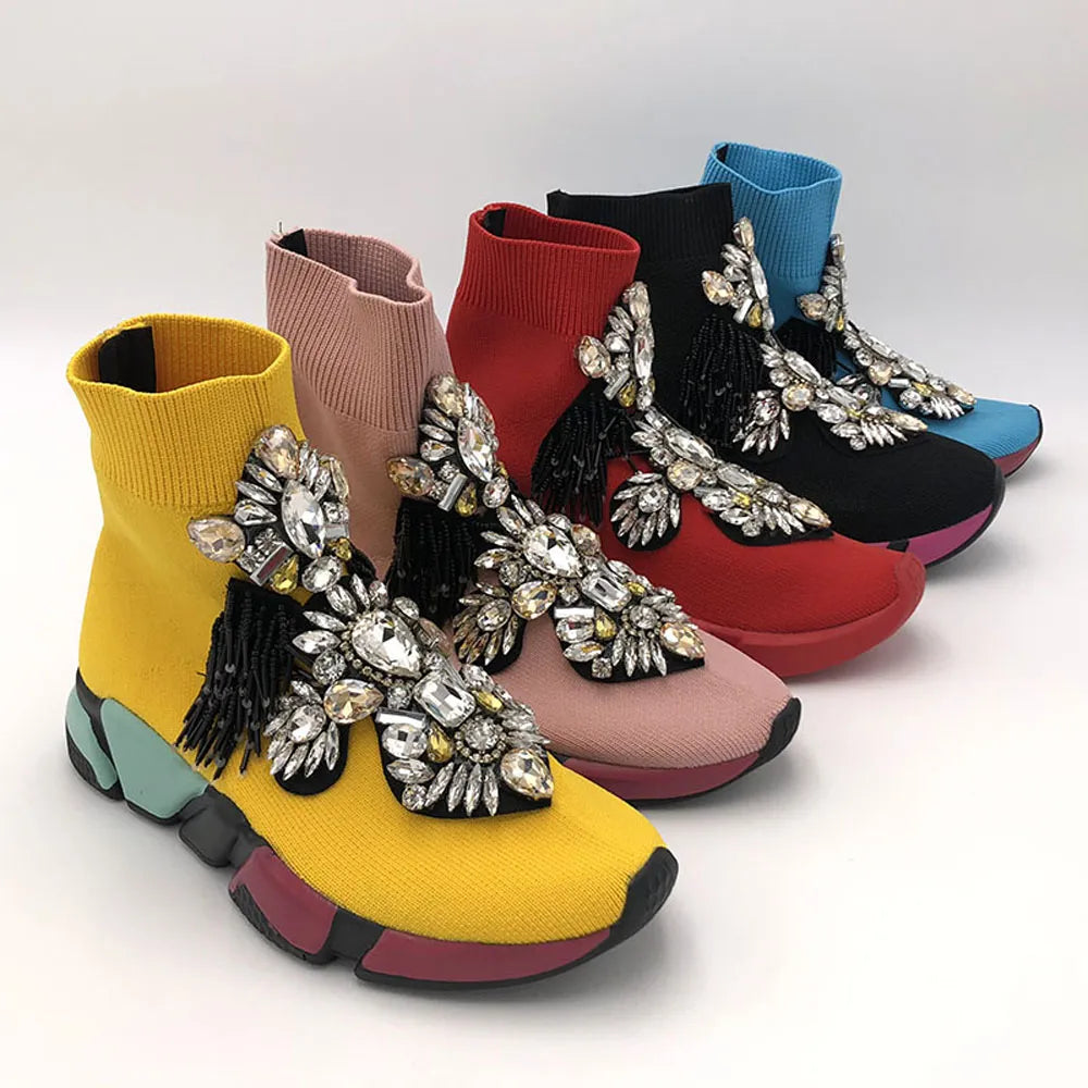Crystal Sock Sneaker Shoes Women Shoes With Crystals Rhinestone Sock Shoes Fashion Sneakers Women Short Boot Shoes WK85