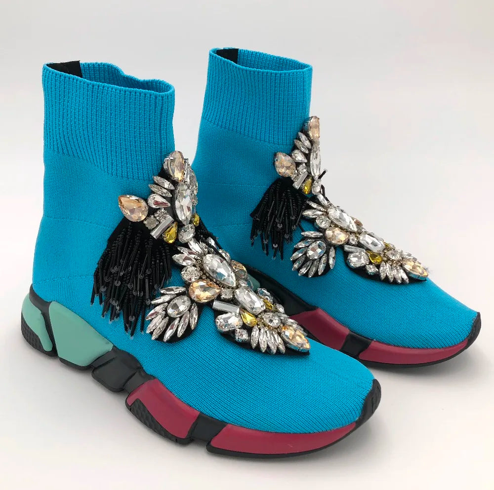 Crystal Sock Sneaker Shoes Women Shoes With Crystals Rhinestone Sock Shoes Fashion Sneakers Women Short Boot Shoes WK85