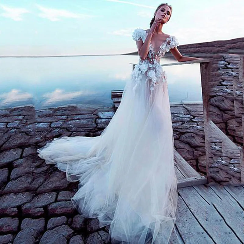 Champagne Boho Wedding Dresses Luxury Sexy Backless Princess Bridal Dress Lace Appliques 3D Flowers Beach Long Wedding Gown - My Store