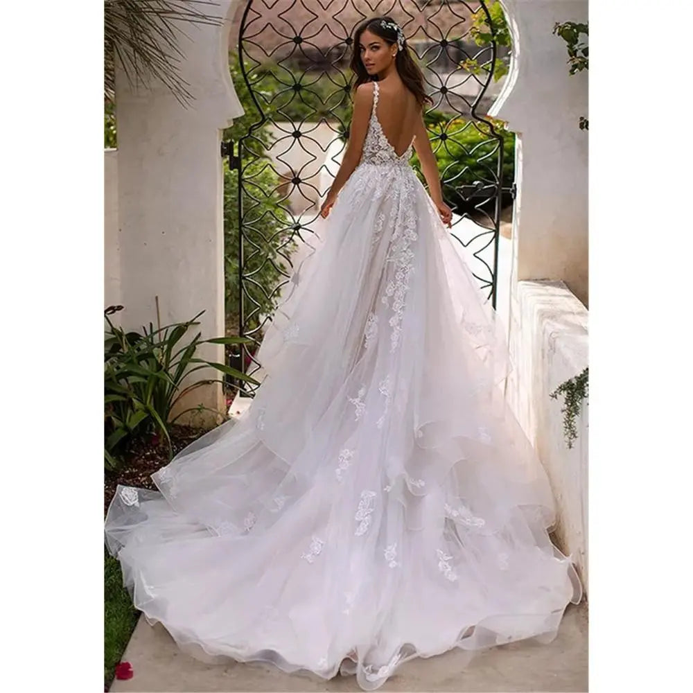 Long Boho A-Line Backless Wedding Dress 3D Flowers Spaghetti Straps Bride Dresses Princess Floor Length Wedding Gowns - My Store