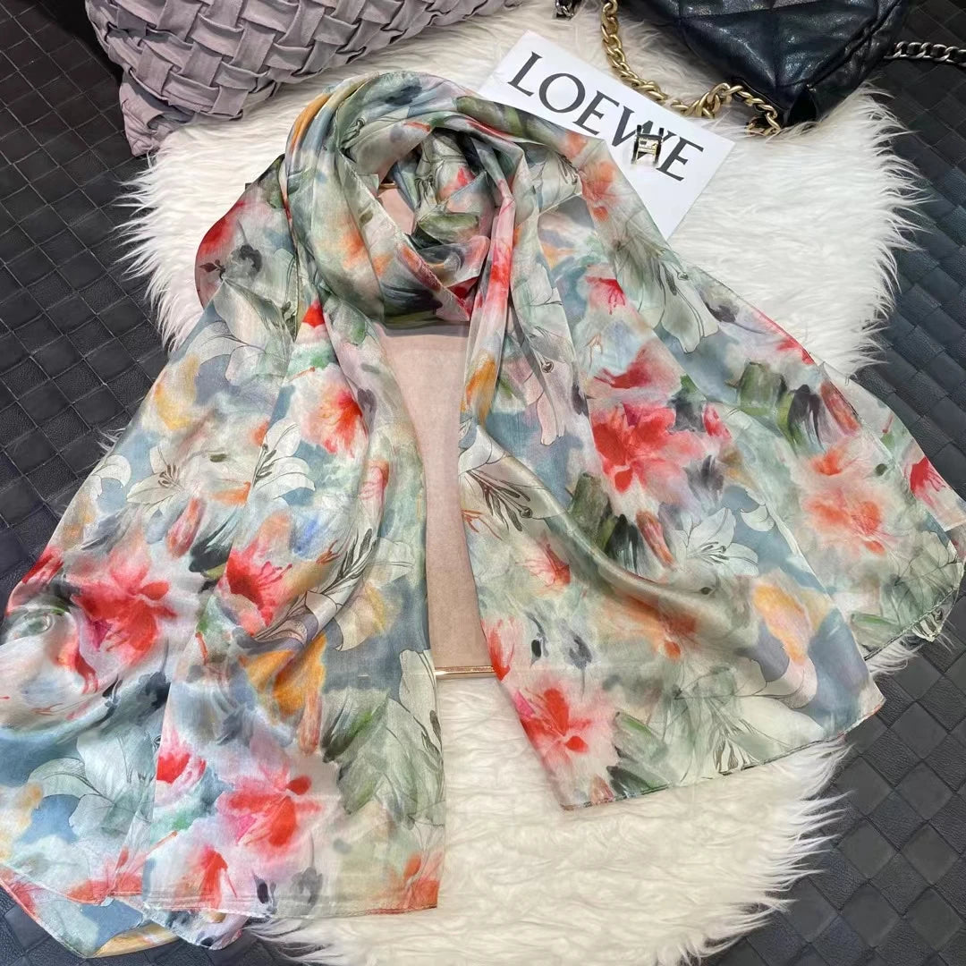 White100% Silk Scarf Women Scarves Bufandas Summer Beach Shawls Foulard Fall Winter Brand Flower Design Long Neck Scarves Hijabs