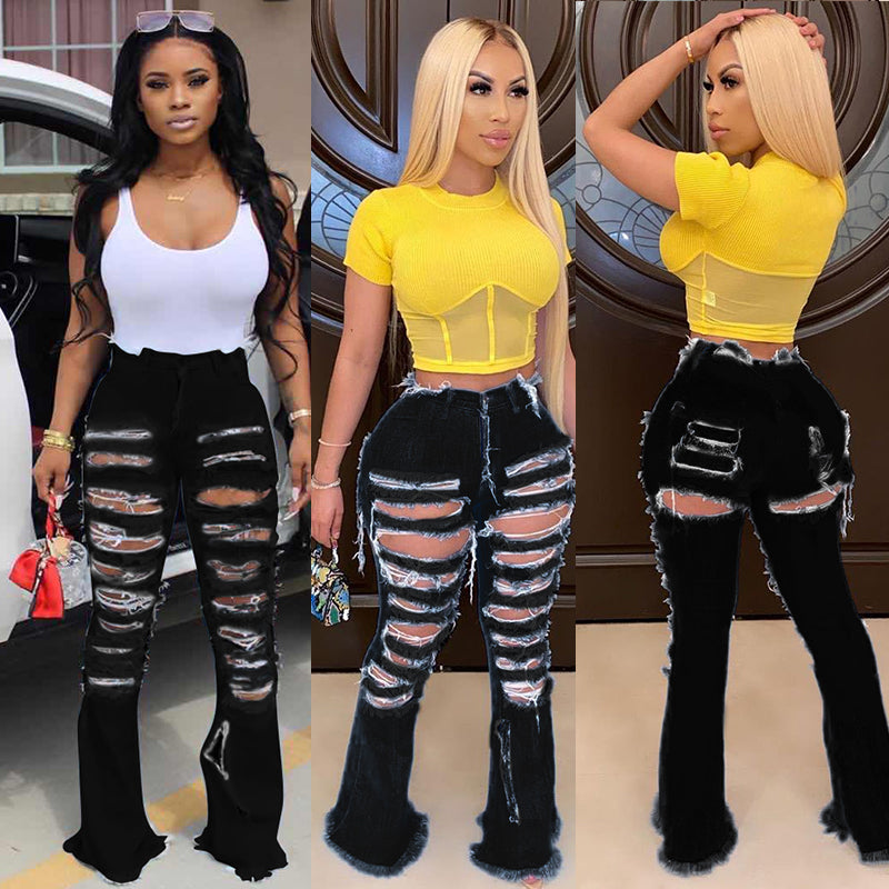 KG4160 Wide Leg Ripped Personality Street Trend Horn Bell Bottom Denim Pants Jeans Women - My Store