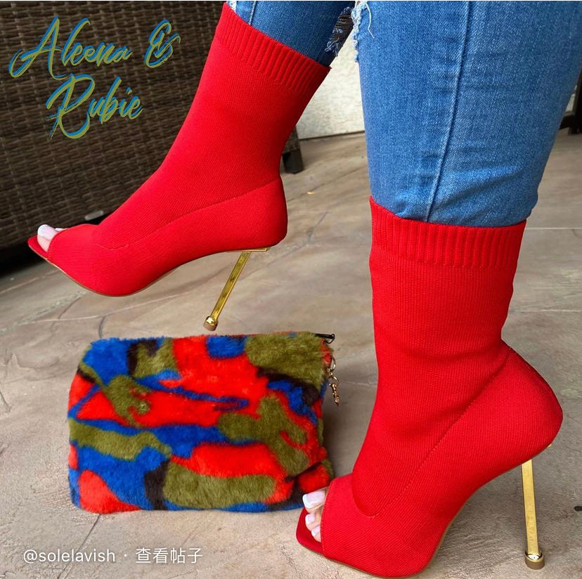 Women Ankle Boots Slip-On Open Toe Ladies Socks Boots Thin High Heels Female Fashion Short Boot Woman Shoes Booties 2022