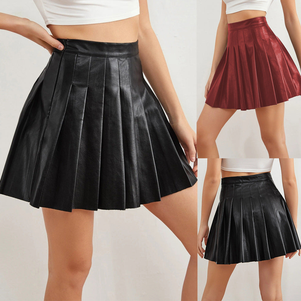 Summer Sexy Short Skirt With Elegant High Waist PU Leather Pleated Skirt Womens Skirts