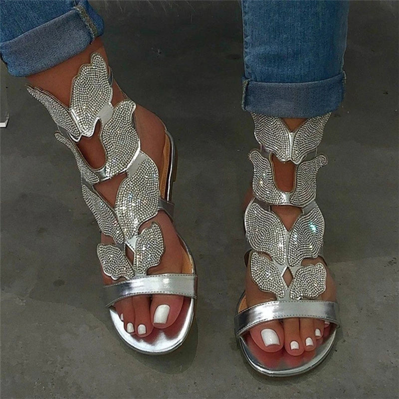 Fashion Women Summer Rhinestone Bowknot Sandal Hollow Flat Open Toe Women's Roman Sandals
