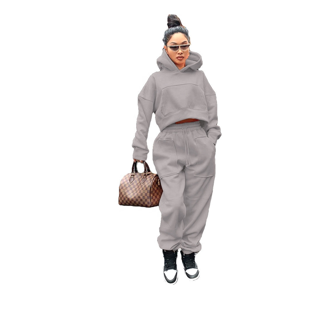 S - 3XL INS Fashion Winter Hoodies Two Piece Tracksuit Casual Womens Fleece Hoodie and Jogger Set - My Store