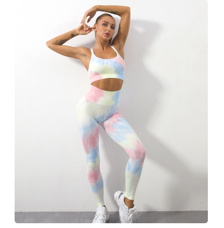 Custom Logo Workout Sets for Women Tie Dye 2 Piece Yoga Outfit Athletic Set Gym Activewear Set