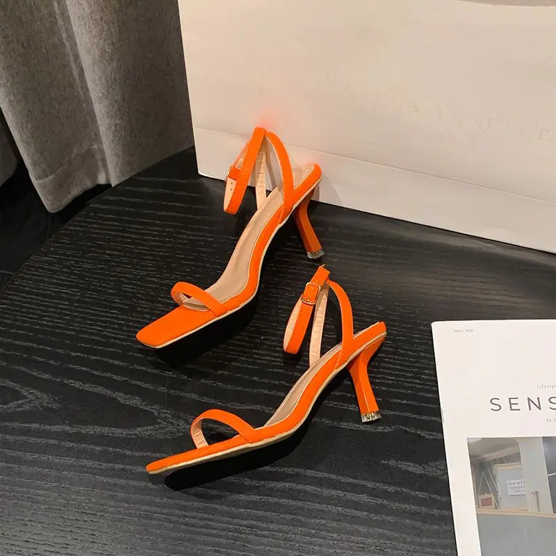 227-A2 New Arrival Summer Women Shoes Ankle Strap Mid-Heel Square Open Toe Heels Strap Women's Sandals High Heels