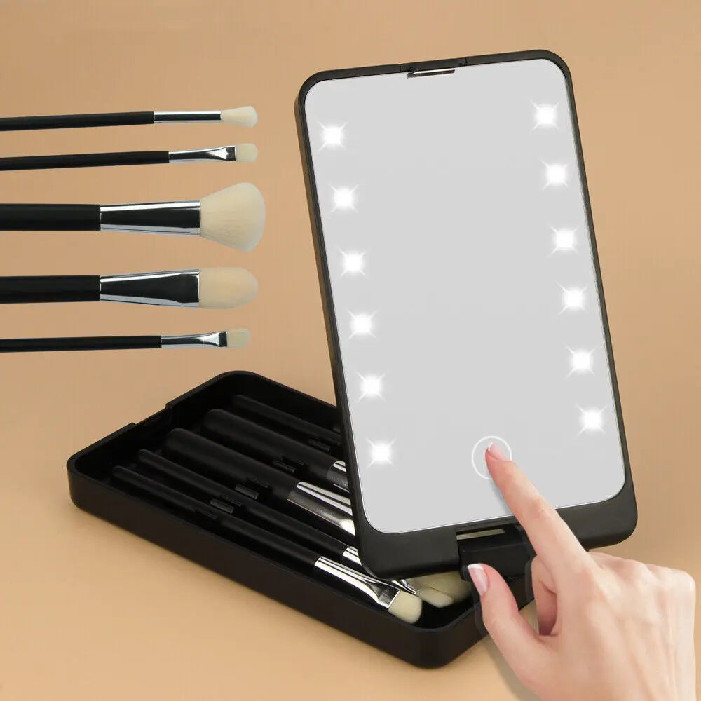 Private Label Cosmetics Led Makeup Mirror Carry Brushes Storage Box Rotating Folding Mirror Makeup Brush Set 5 Pcs - My Store