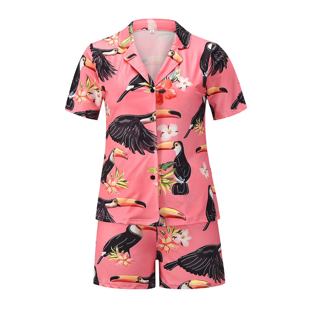 Wholesale Satin Pajamas Summer Print Casual Two Piece Night Pajama Suit Silk Sleep Wear Pajama for Women