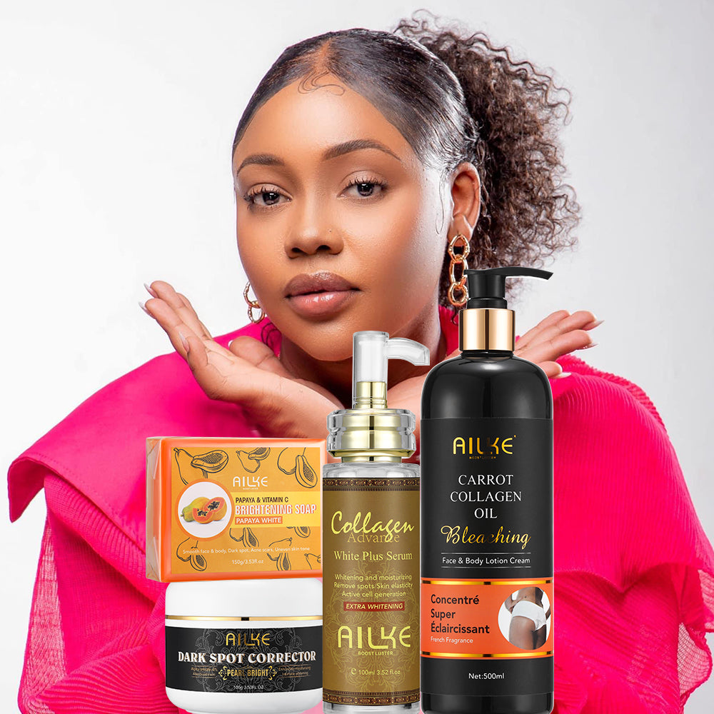 AILKE Body Care Collagen Serum Whitening Dark Spot Face Cream African Black Soap Bleaching Body Lotion Skin Care Set