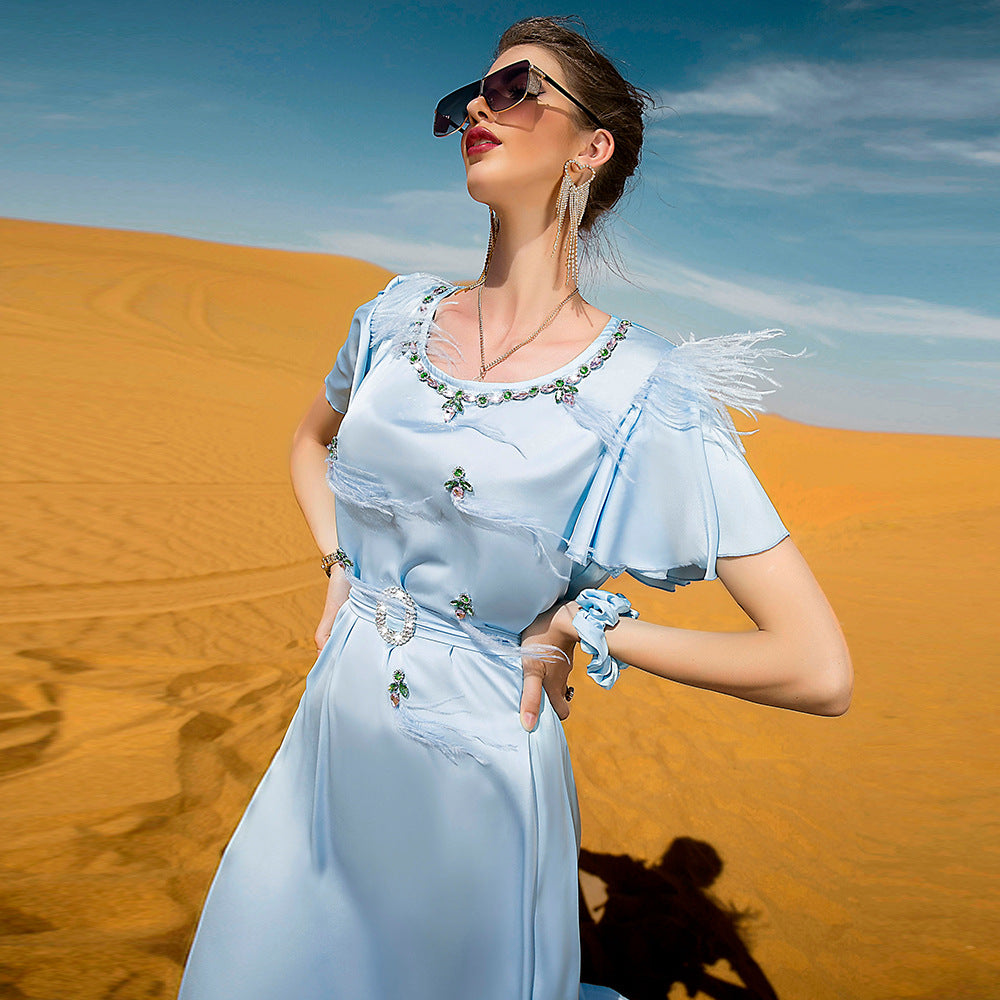Sky Blue Slim Satin Short Sleeve Abaya Dresses of Evening Dress Pattern for Wedding - My Store