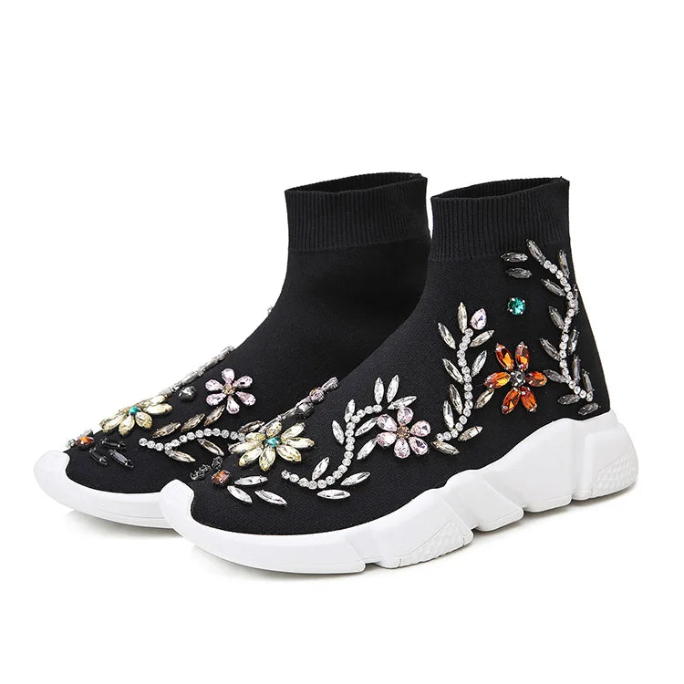 Crystal Sock Sneaker Shoes Women Shoes With Crystals Rhinestone Sock Shoes Fashion Sneakers Women Short Boot Shoes WK85
