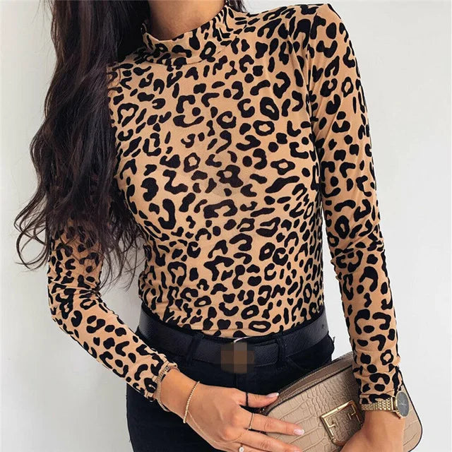 Women Blouses Fashion Leopard Print Turtle Neck Blouse Autumn Long Sleeve Shirts Party Ladies Clothes Womens Blouses and Tops