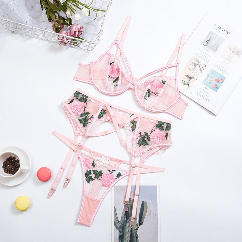 Women Sexy Underwear Women Bra & Brief Sets Lingeries Floral Embrodiery Lace Lingerie 3 Piece Set